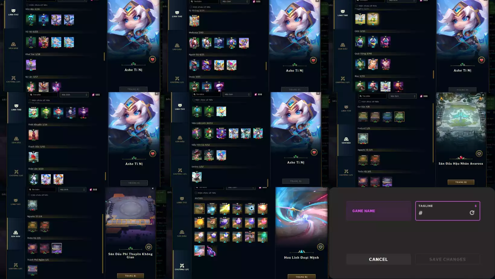 Ảnh ACC 5VS5 FULL CHAMP  SKIN : 472 , 5 CAM 3 TÍM 39 ĐỎ 176 SỬ THI,FULL TƯỚNG , ĐA SẮC : 116,CỜ HIỆU NOXUS, LV : 637, DƯ 27K THL RANK : DD LB 4 LH 2 DTCL LB 2 ,365K TT LEESIN DTCL : ASHE  TÍ NỊ VÀ NHIỀU PET 3 SAO ,SÂN ĐỎ ,CHƯỞNG LỰC NHIỀU CÒN ĐỔI TÊN